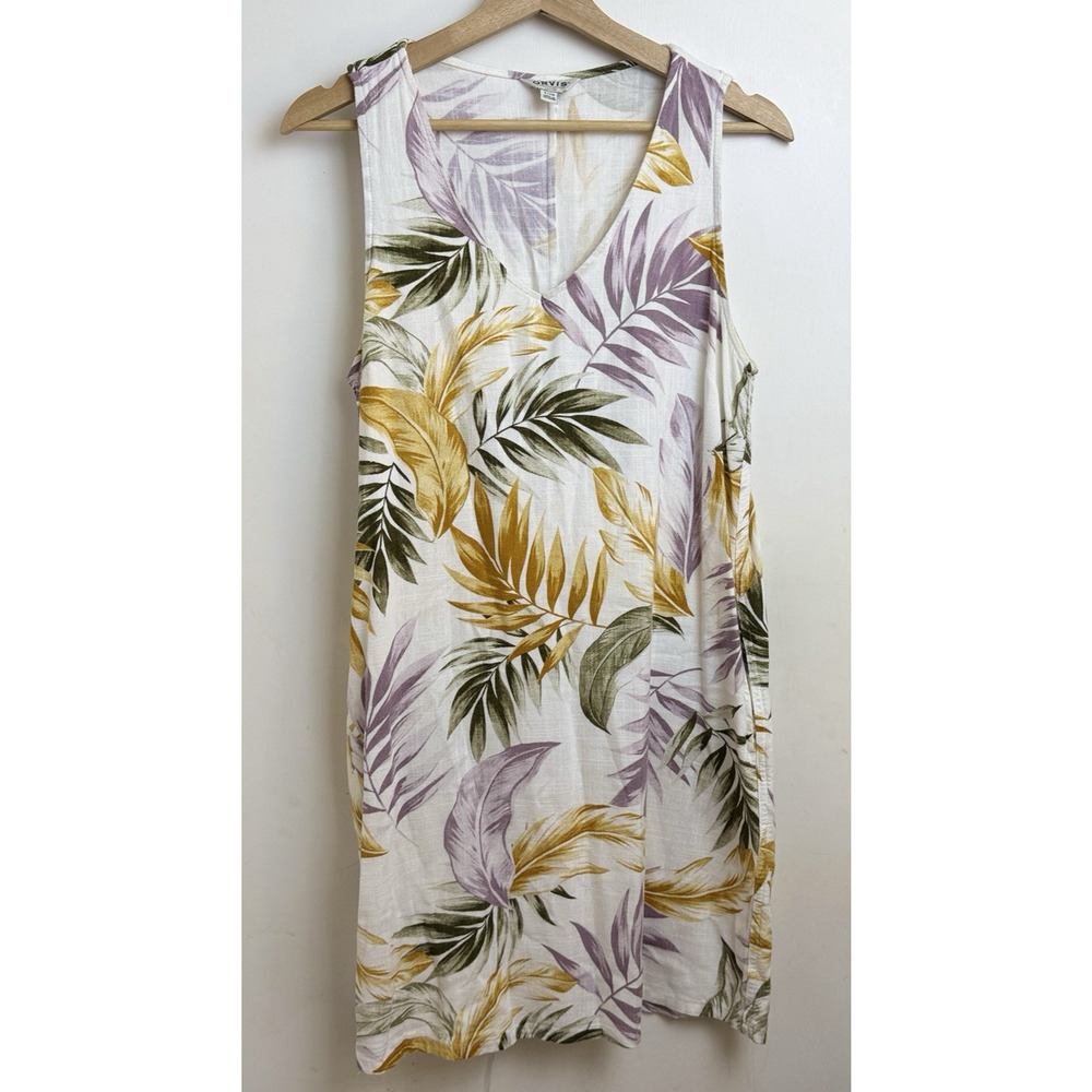 Tropical Leaf Design Sleeveless Linen Blend Dress Size S Coastal Cruise Vacation